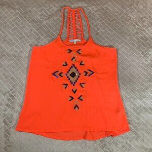 Cecico Womens Medium Tank Top Blouse Sheer Chiffon Bright Orange Embroidered